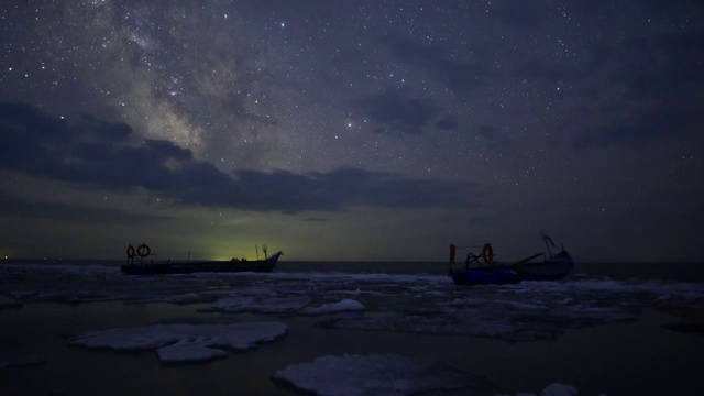 黑龙江鸡西：中俄界湖兴凯湖融化期星空延时视频视频素材