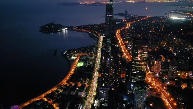 航拍青岛海滨商务区夜景视频素材