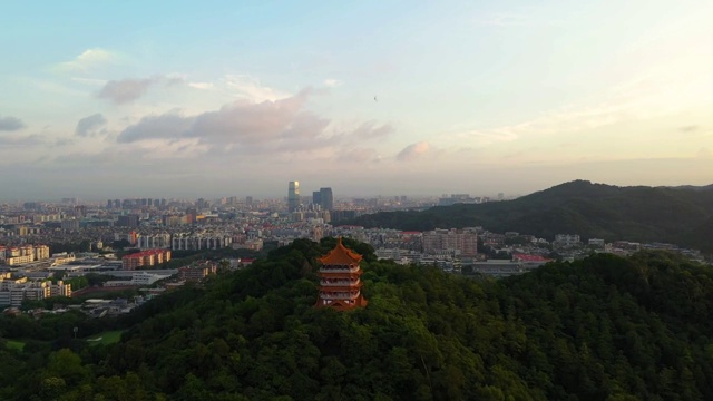 航拍日出时分的广州麓湖鸿鹄楼视频素材