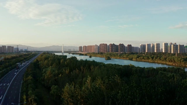 航拍太原汾河两岸风景 汾河景区视频素材