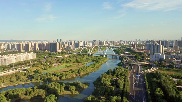 航拍太原汾河两岸风景 汾河景区视频素材