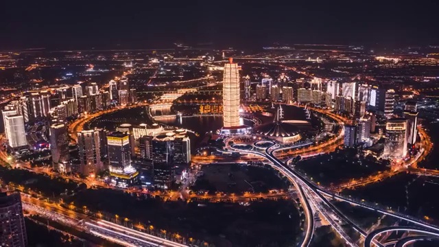 河南郑州CBD航拍延时夜景视频素材