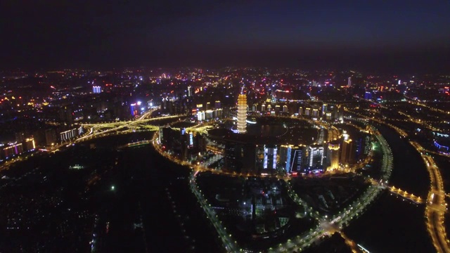 河南郑州郑东新区CBD城市天际线夜景航拍视频素材