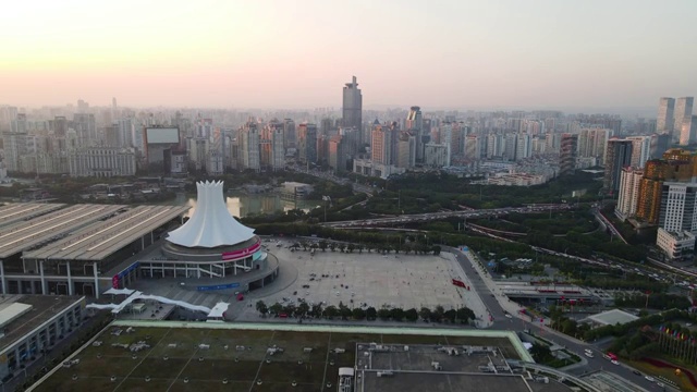 广西南宁国际会展中心日落航拍视频素材