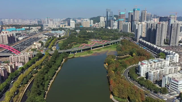 广东省深圳市罗湖区洪湖公园芙蓉桥航拍视频素材