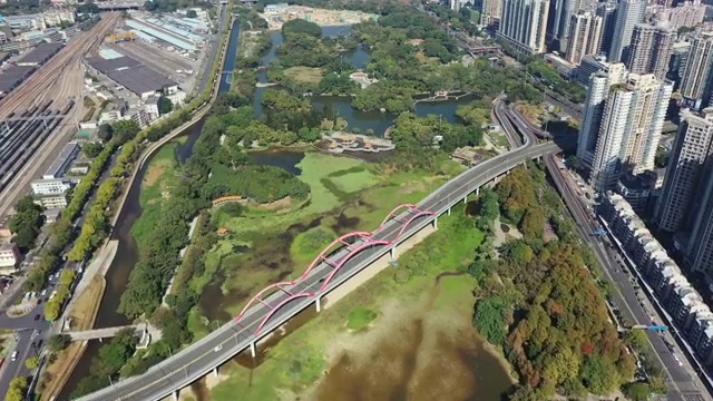 广东省深圳市罗湖区洪湖公园芙蓉桥航拍视频素材