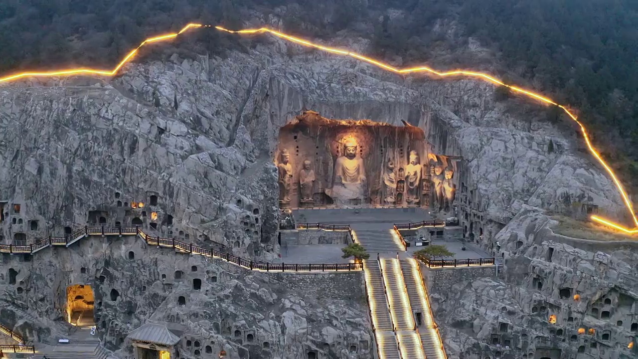 龙门石窟景区夜景航拍视频素材