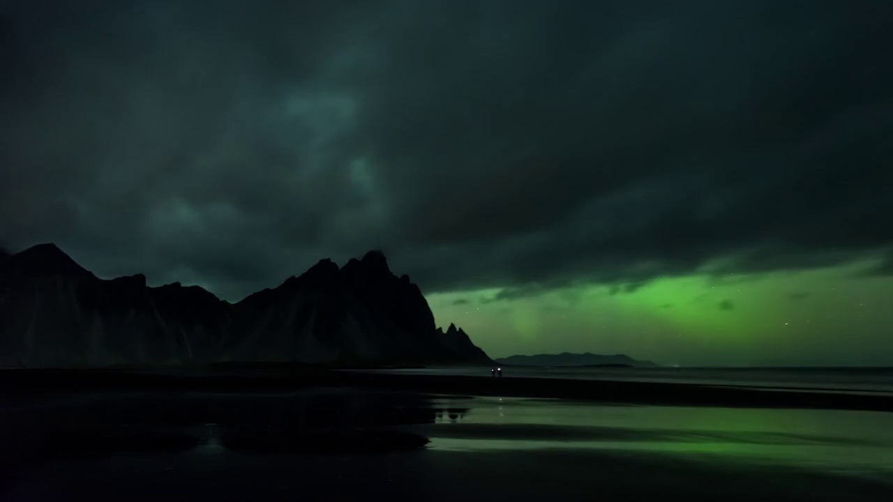 4K，极光，星空，欧洲，北欧，冰岛，蝙蝠山，大海，梦幻视频素材画面1