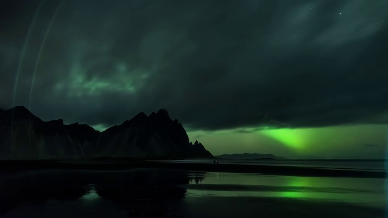 4K，极光，星空，欧洲，北欧，冰岛，蝙蝠山，大海，梦幻视频素材画面3