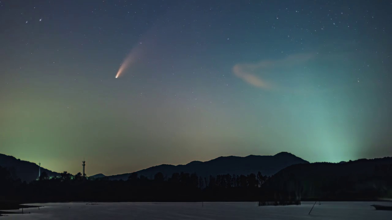 4K，新智彗星，水库，黄昏，日转夜，星空视频素材