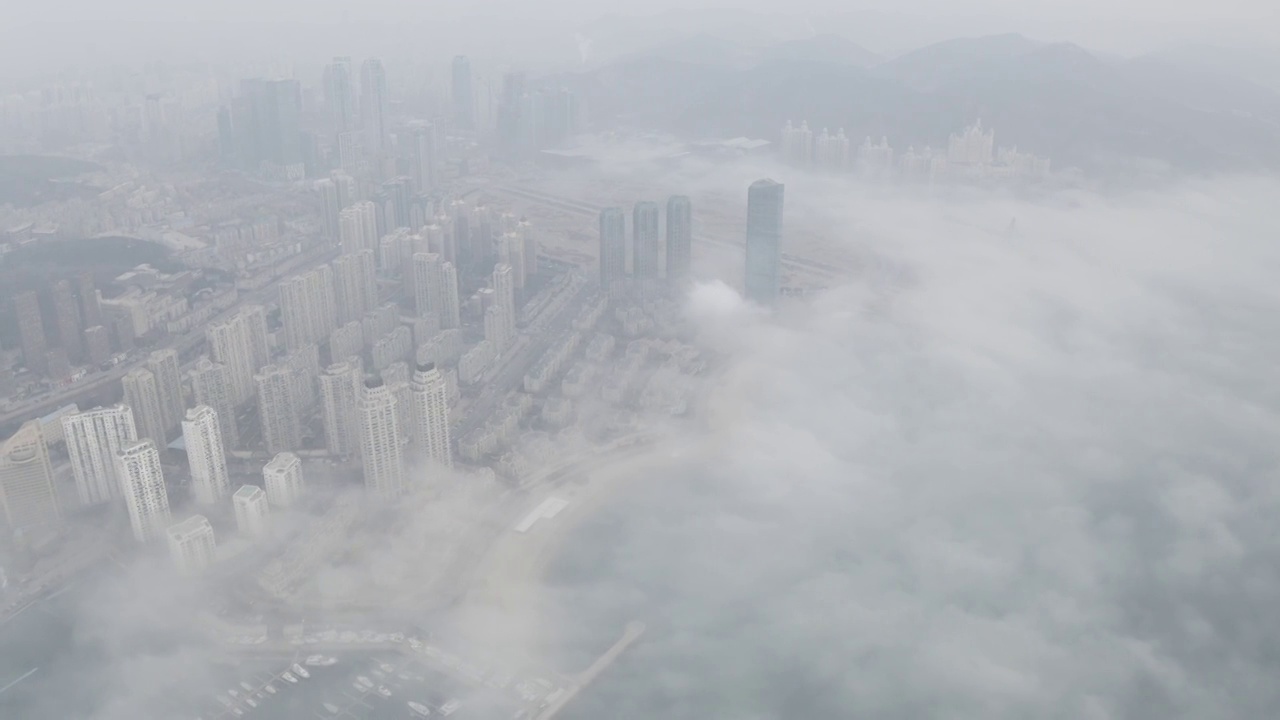 大疆御2Pro高清4K航拍中国辽宁大连大雾下的星海广场城市风视频素材画面4