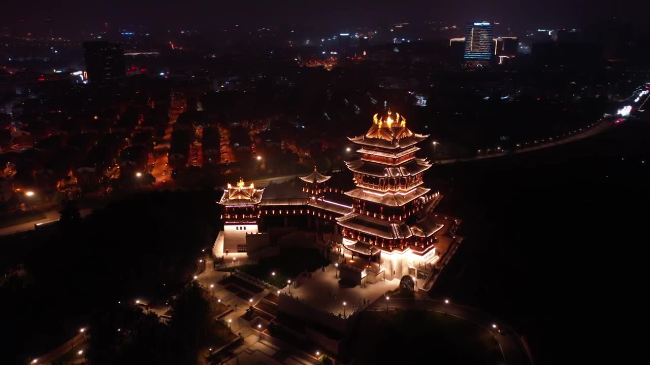 义乌市鸡鸣阁航拍夜景13视频素材画面1