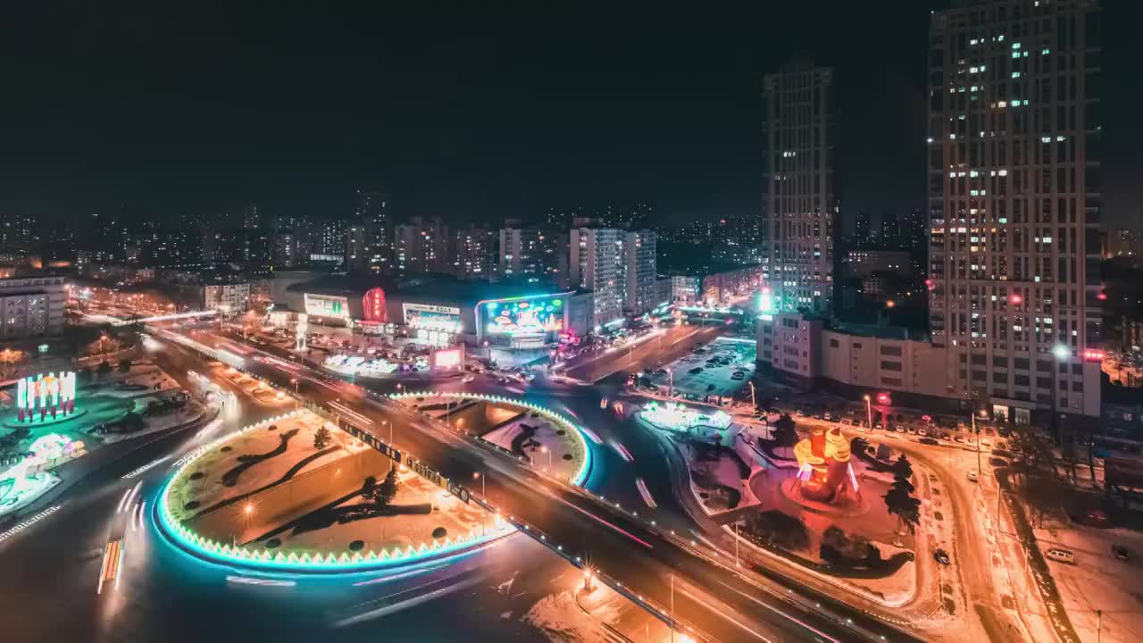 哈尔滨，车流人流，立交桥，城市大景，夜晚，繁华都市，交通视频素材