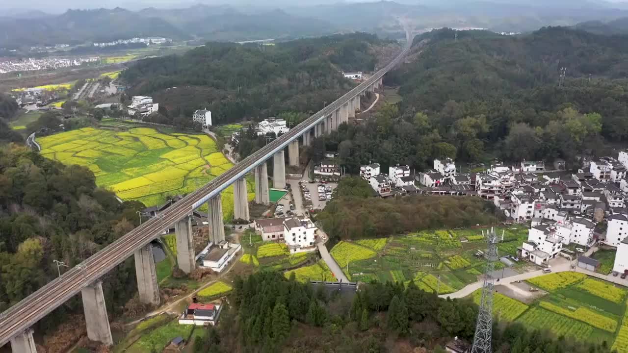 高铁穿过婺源李坑景区油菜花海场景4K航拍视频素材