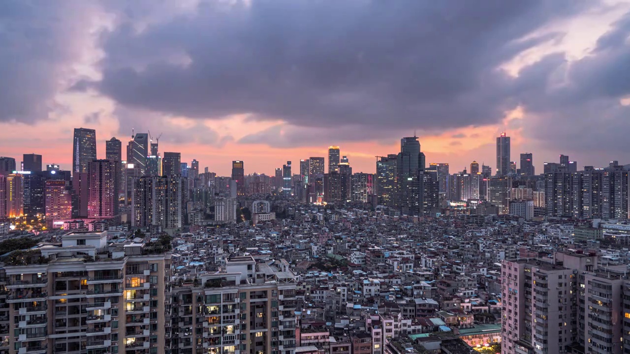 日转夜延时摄影广州天河石牌村CBD，晚霞，日落，城中村，城市视频素材