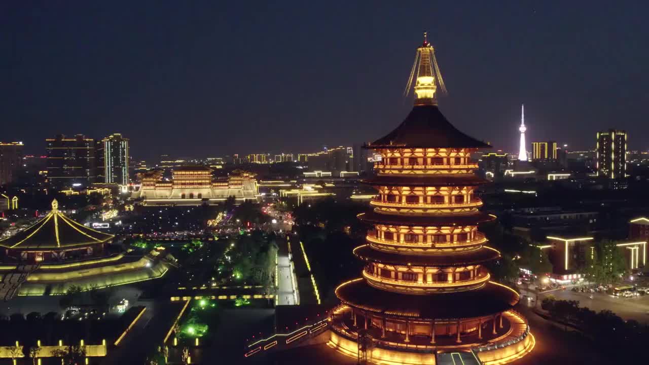 河南洛阳隋唐洛阳城夜景航拍视频素材