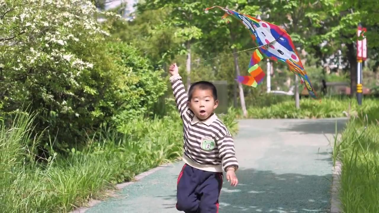 Hd高清升格视频中国小朋友在公园树林中放风筝视频素材画面2