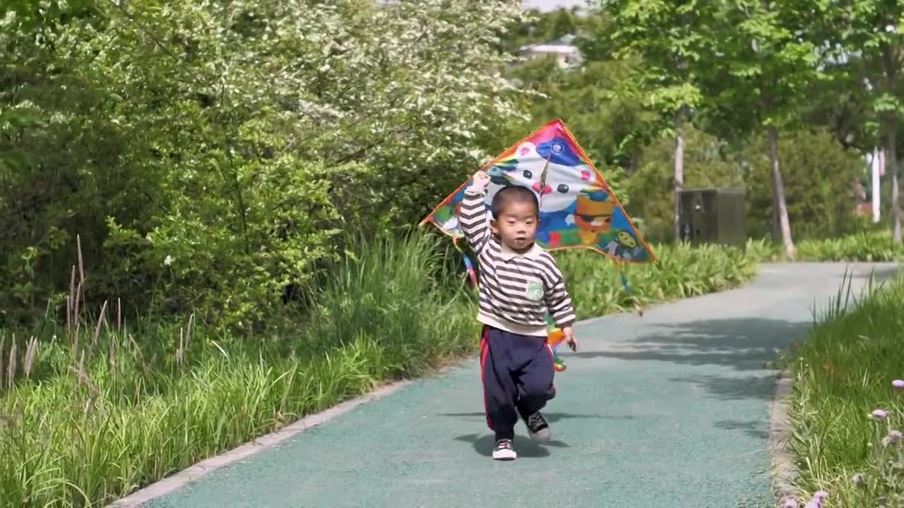 Hd高清升格视频中国小朋友在公园树林中放风筝视频素材画面1