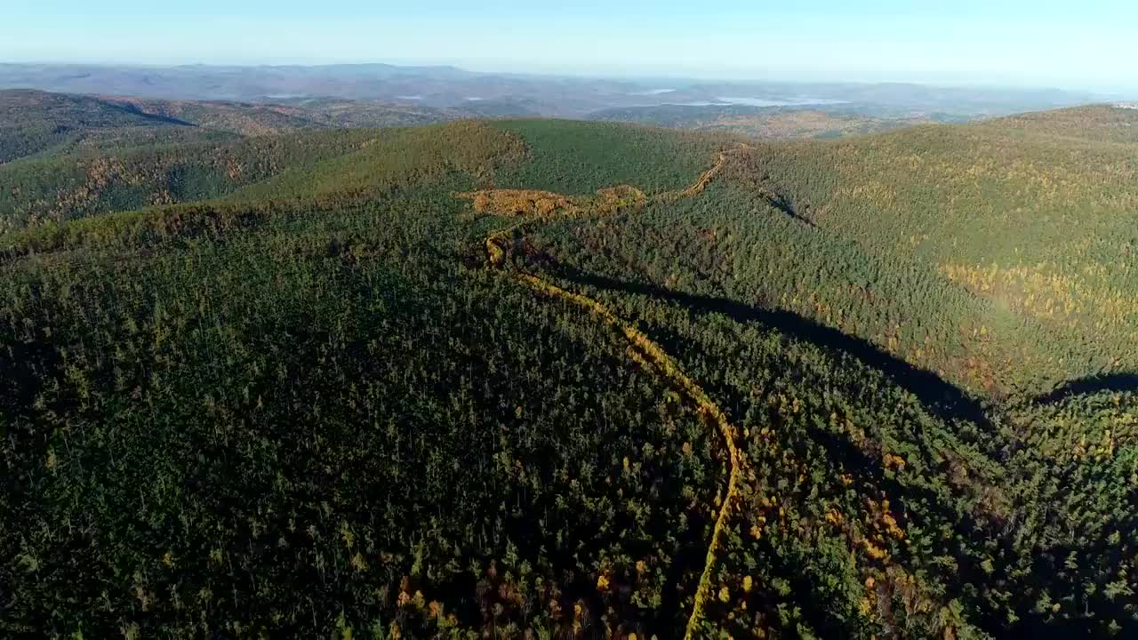 航拍大兴安岭原始森林彩林山路视频素材