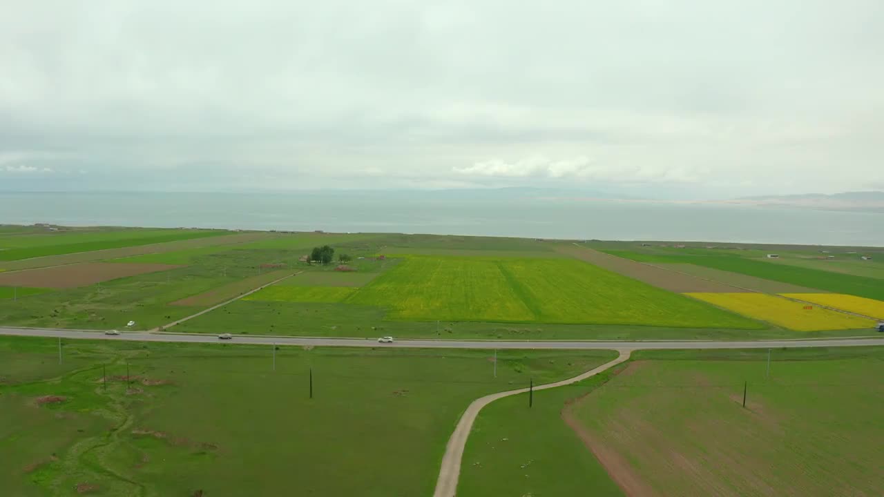 航拍青海湖边的油菜花与109国道视频素材