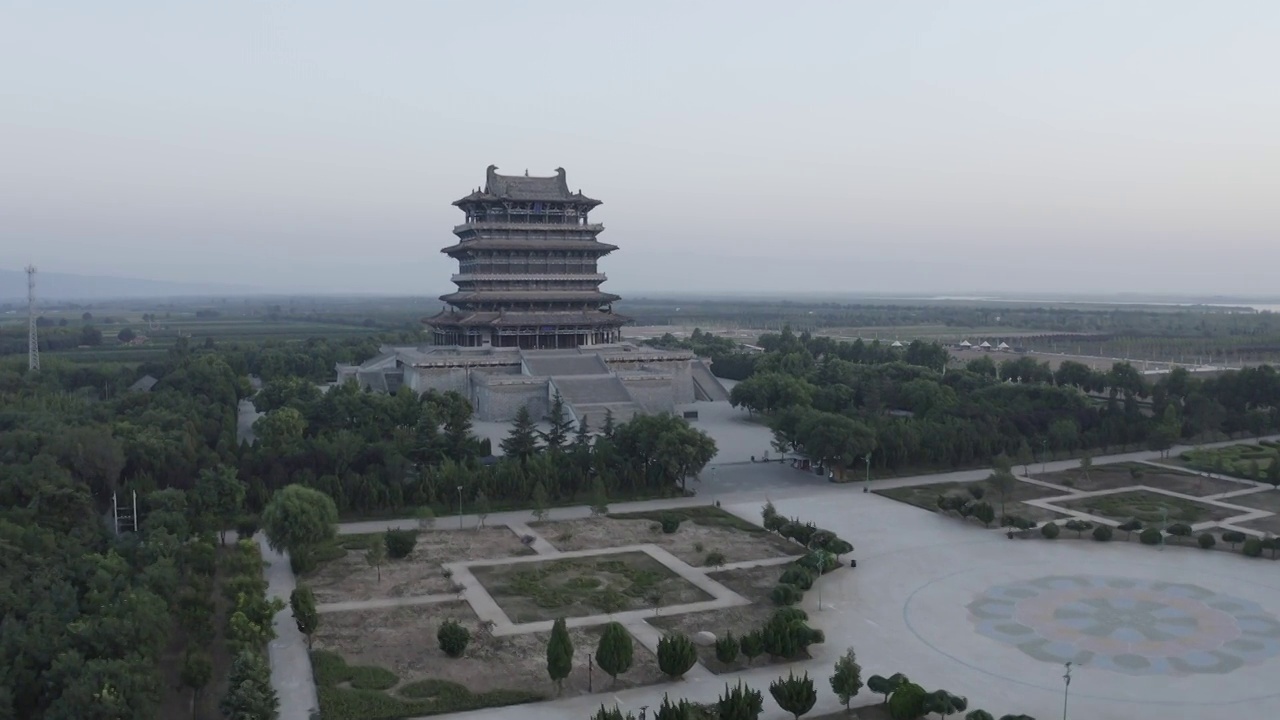 宝源老醋坊永济鹳雀楼,日落,永济,山西省,无人视频素材