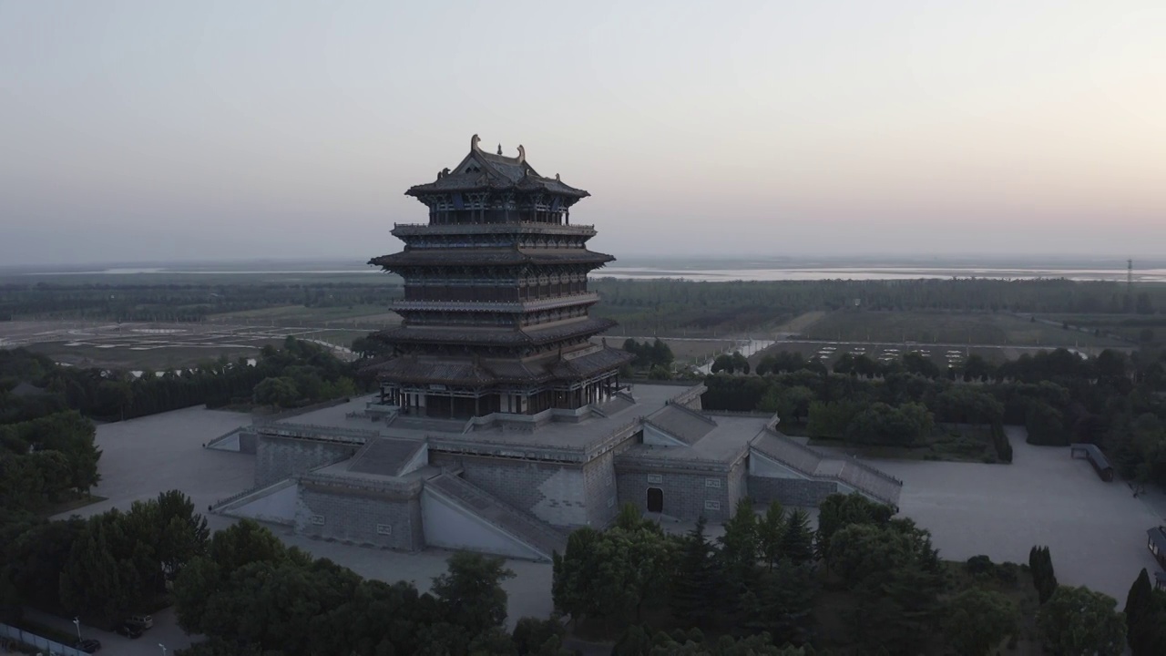 宝源老醋坊永济鹳雀楼,日落,永济,山西省,无人视频素材