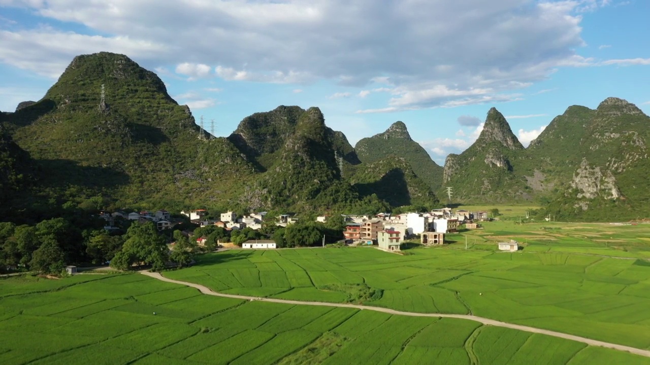 蓝天白云下桂林群山间绿油油的稻田视频素材