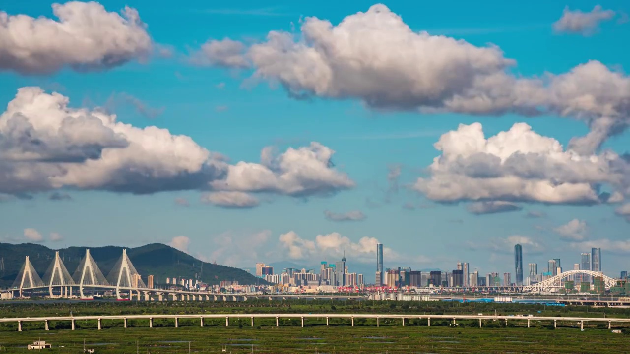 粤港澳大湾区珠海横琴天际线与洪鹤大桥白昼延时视频素材