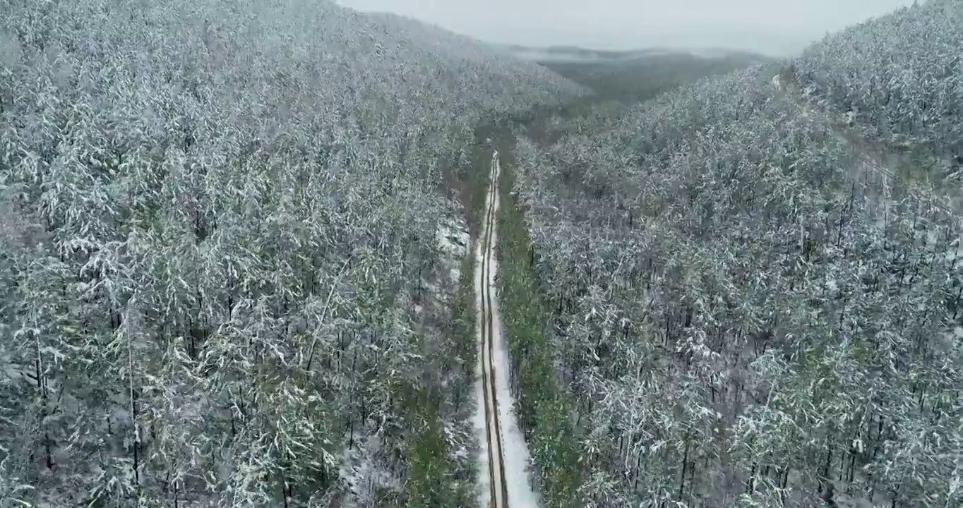 航拍大兴安岭春季极端天气降雪山林雪路视频素材