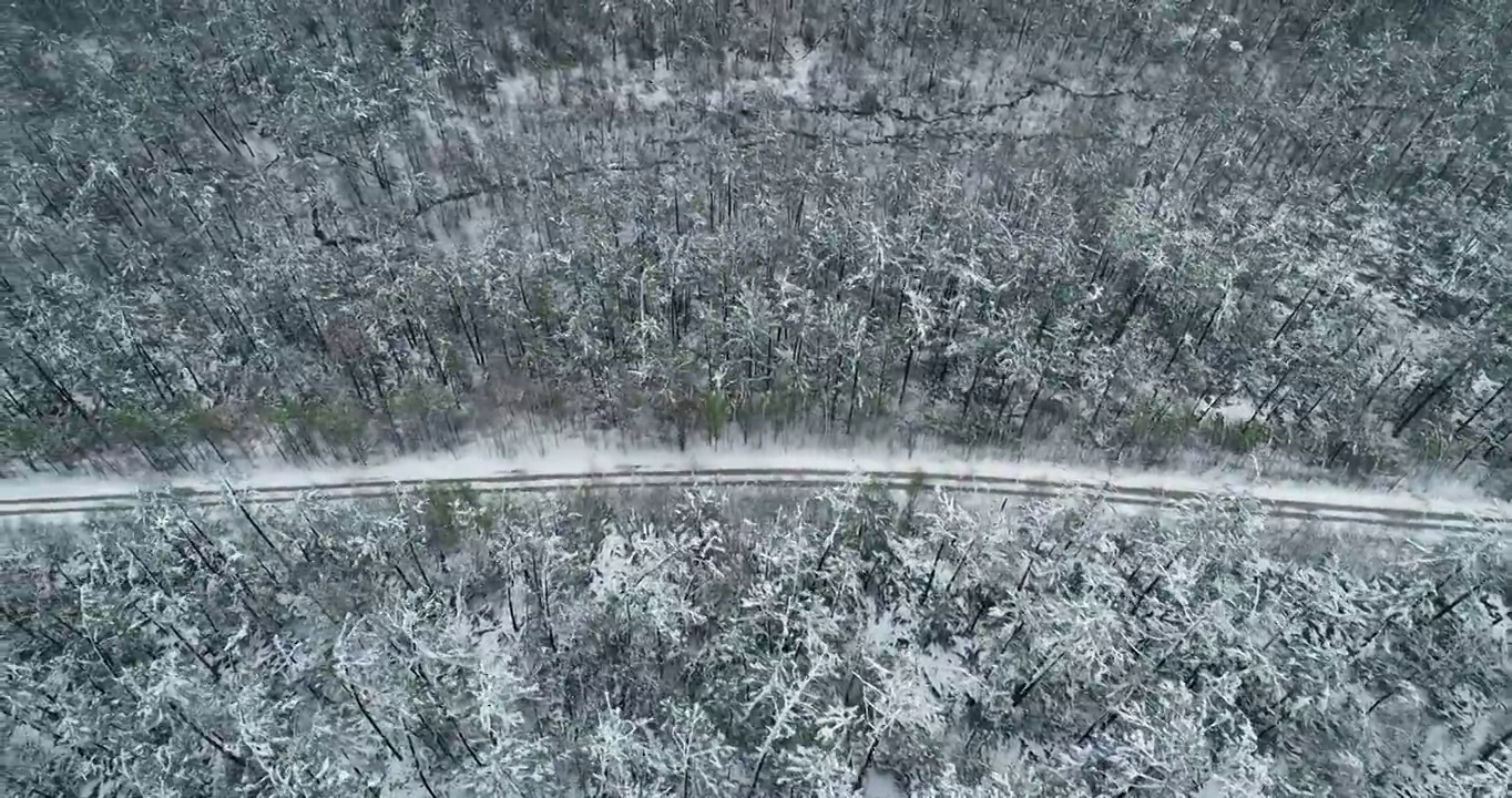 航拍大兴安岭春季极端天气降雪山林雪路视频素材