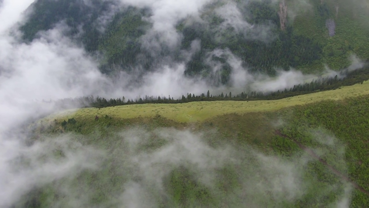 高视角航拍四川甘孜州理塘县雾中的山谷视频素材