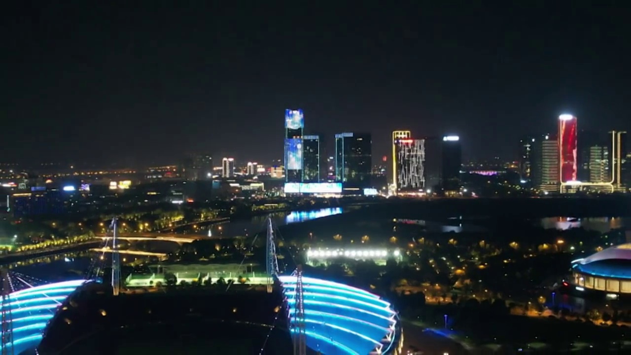 义乌城市地标夜景风光4K变焦航拍视频素材