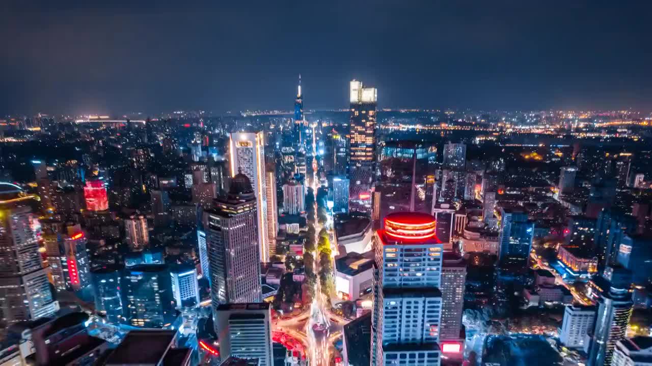 中国江苏南京中山路高楼城市天际线延时摄影夜景航拍视频素材