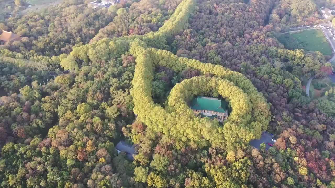 秋季航拍南京的美龄宫，宛若一颗绿色钻石吊坠镶嵌在项链上视频素材