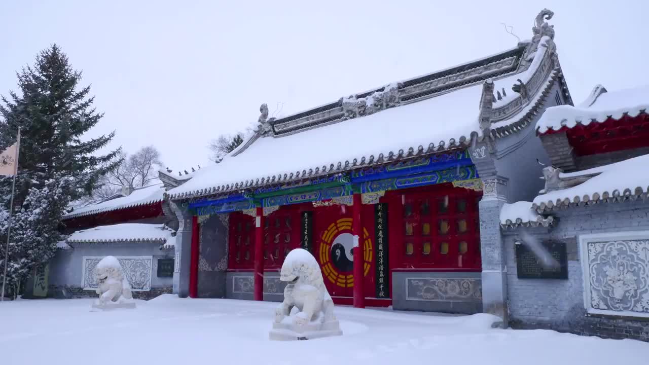 雪中的黑龙江齐齐哈尔市龙沙公园关帝庙视频素材