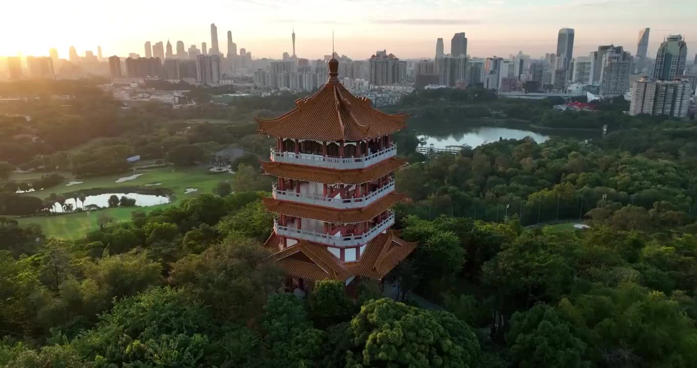 广东省广州市麓湖公园鸿鹄楼日出航拍视频素材