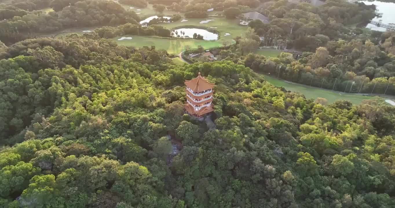 广东省广州市麓湖公园鸿鹄楼日出航拍视频素材