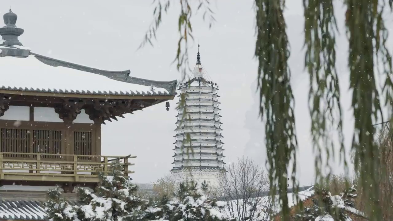 中国沈阳传统古塔与寺庙冬季雪景视频素材