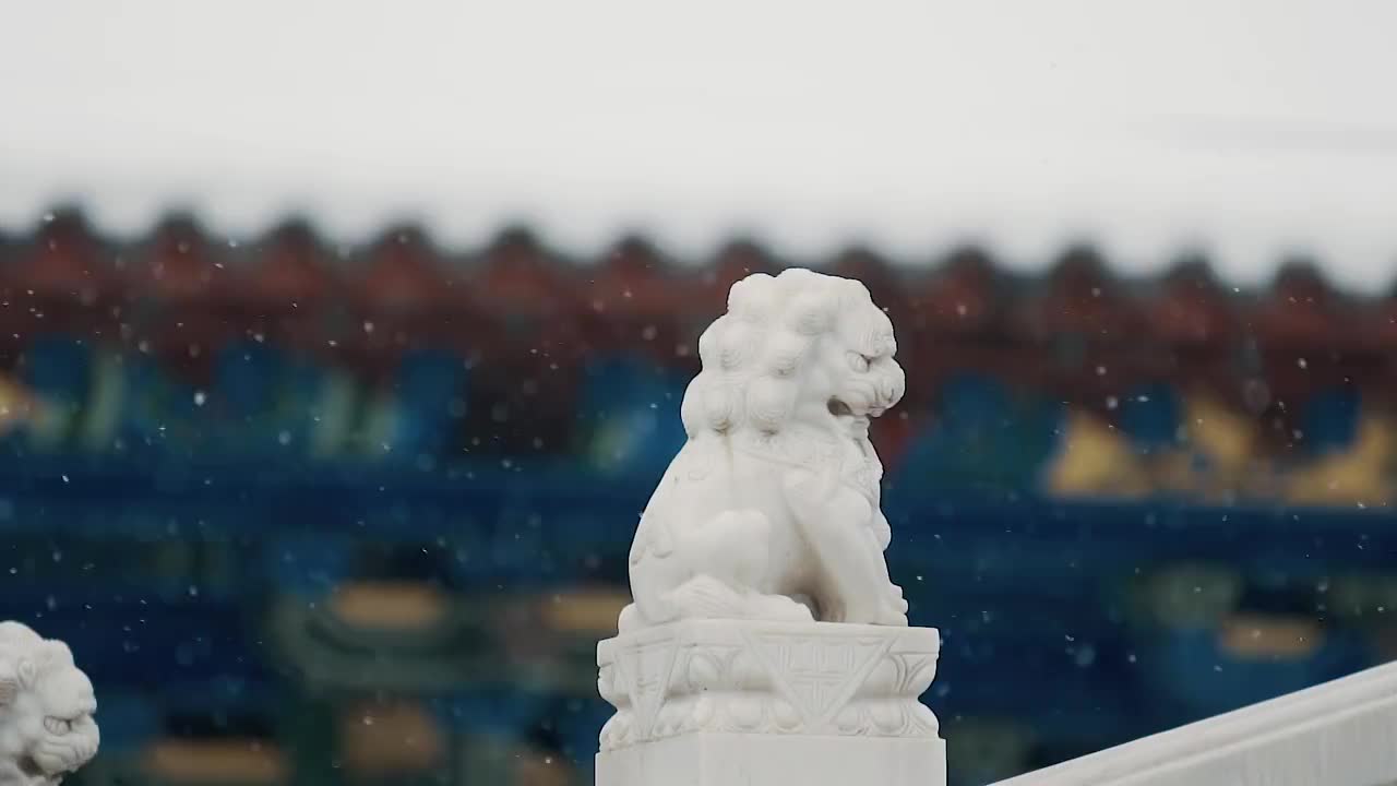 中国传统古塔与寺庙石狮子冬季雪景视频素材