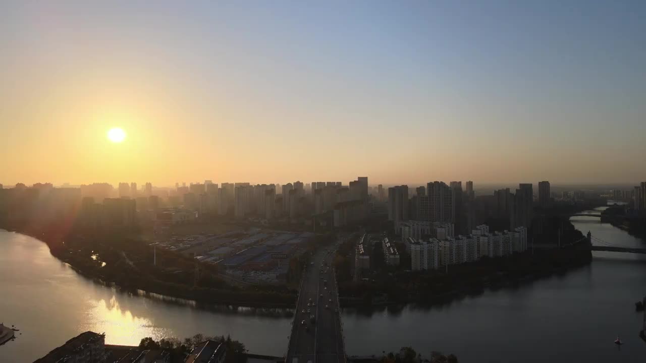 南京六合区夕阳和滁河大疆航拍视频素材