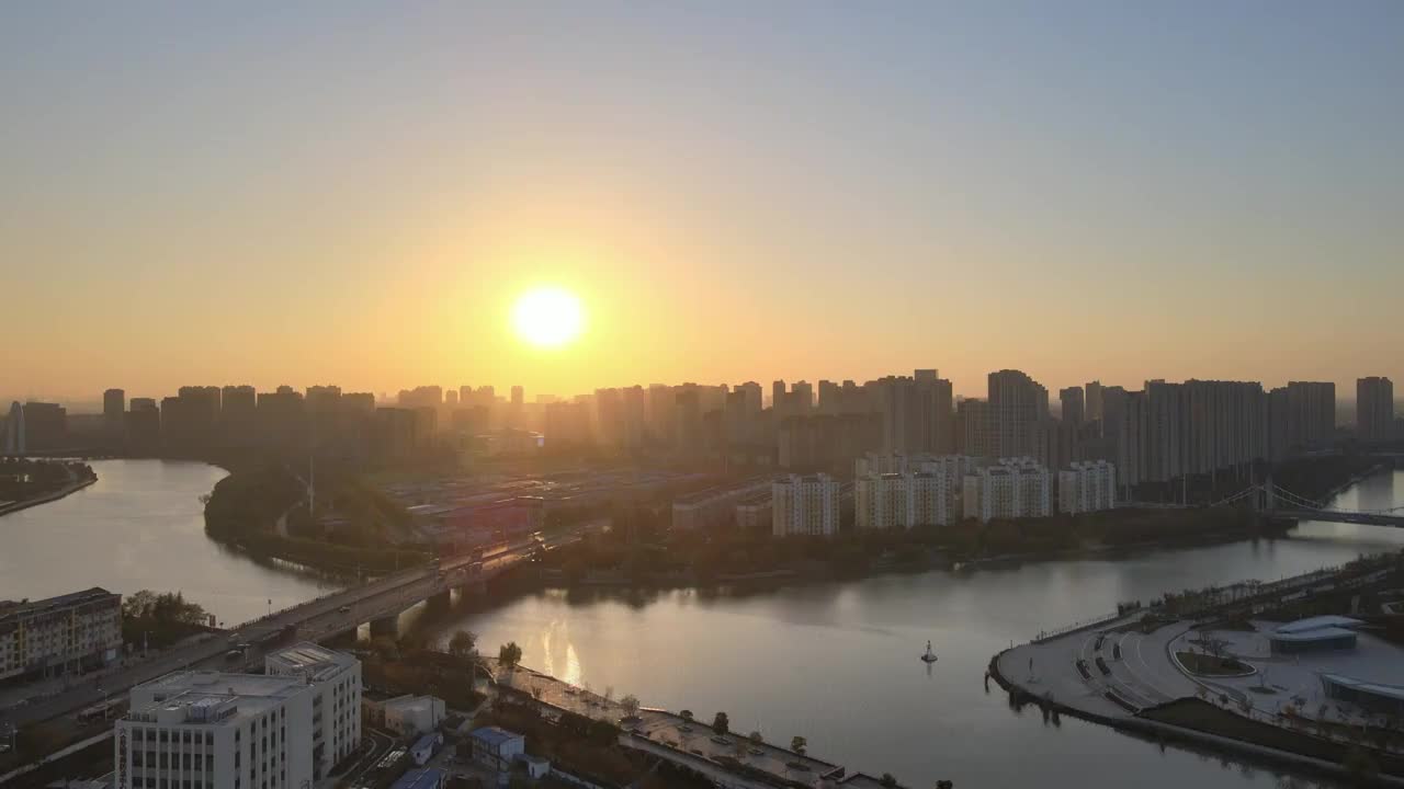 南京六合区夕阳和滁河大疆航拍视频素材