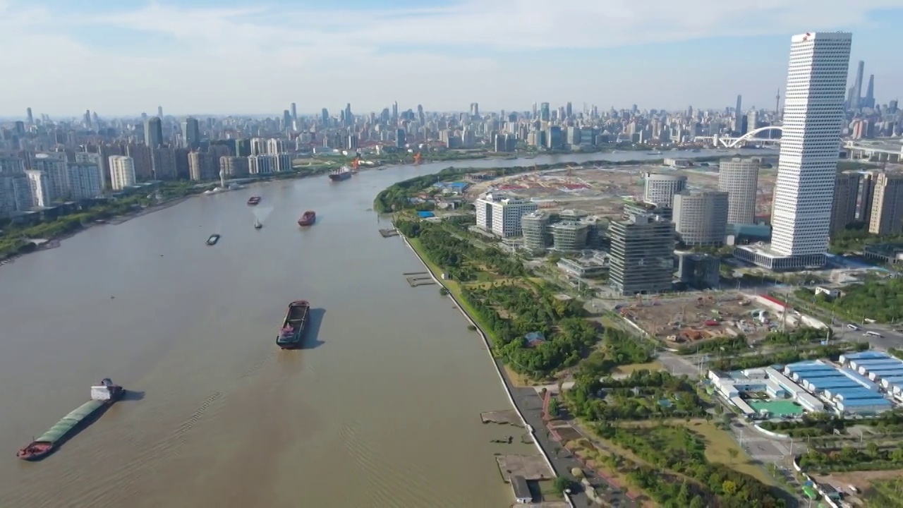 上海黄浦江上航拍浦东浦西两岸城市建筑视频素材