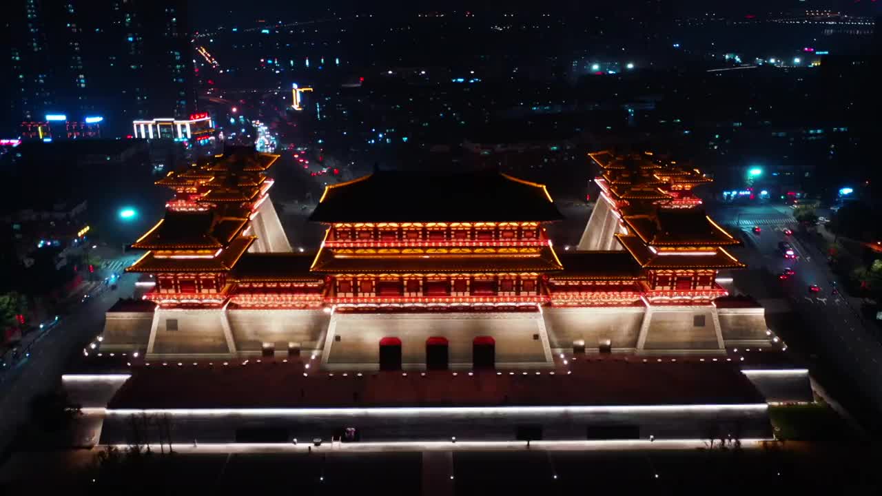 河南省洛阳市老城区隋唐洛阳城国家遗址公园应天门夜景视频素材