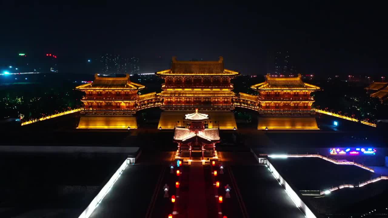 河南省洛阳市西工区九州池遗址景区瑶光殿夜景视频素材