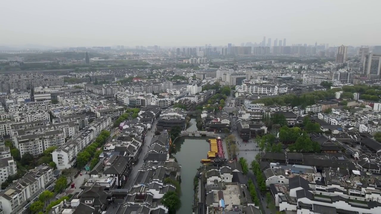 航拍南京老城秦淮河畔建筑景观视频素材