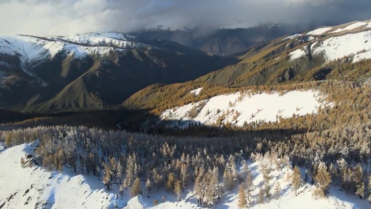 新疆阿勒泰布尔津县喀纳斯景区雪后航拍视频素材