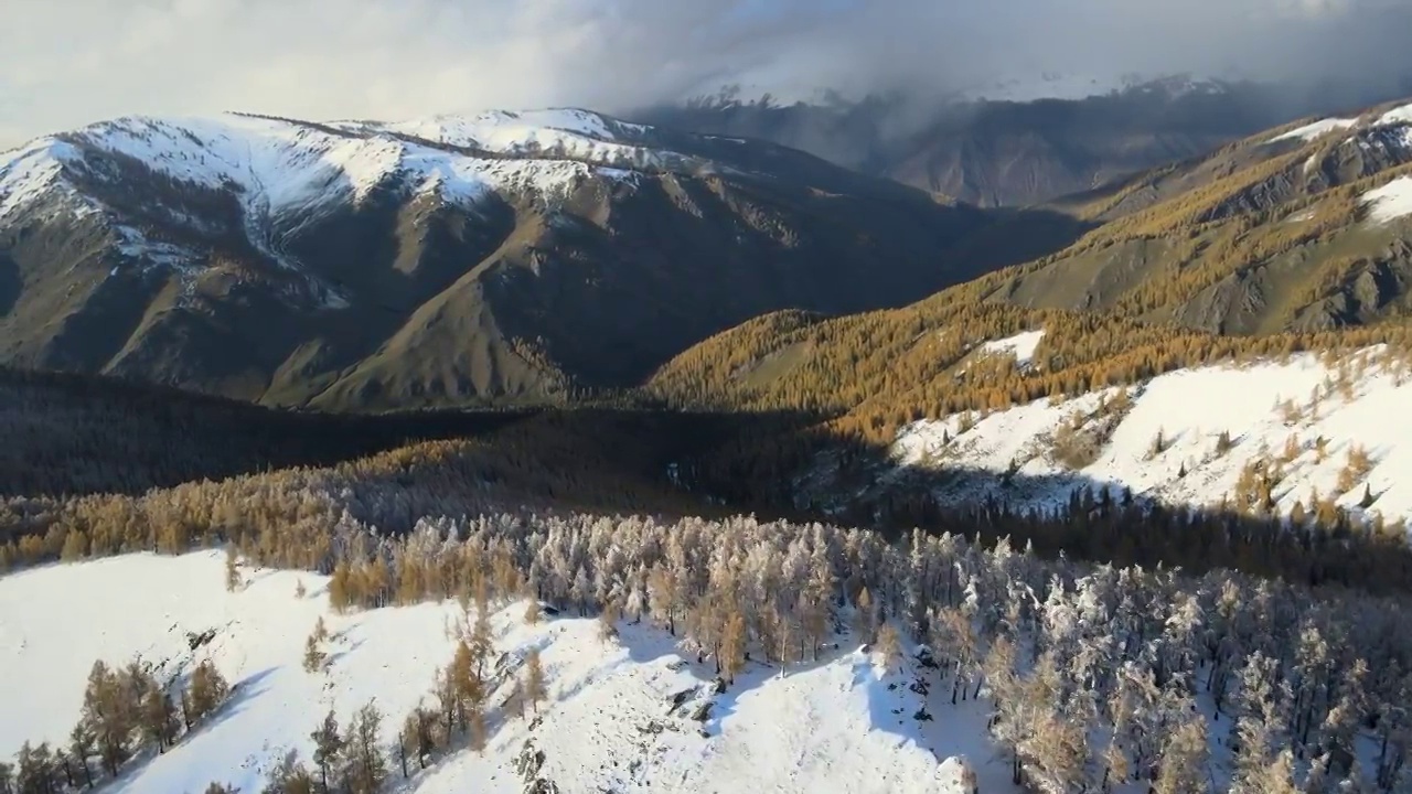 新疆阿勒泰布尔津县喀纳斯景区雪后航拍视频素材