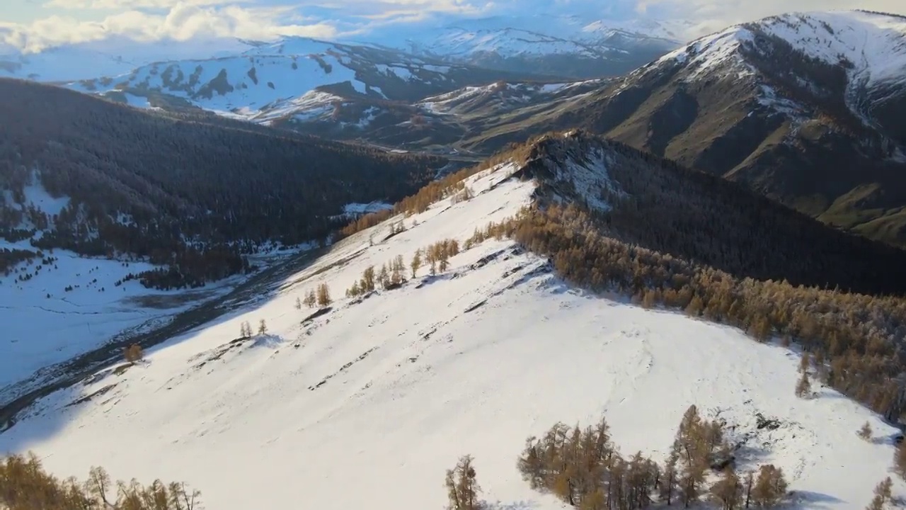 新疆阿勒泰布尔津县喀纳斯景区雪后航拍视频素材