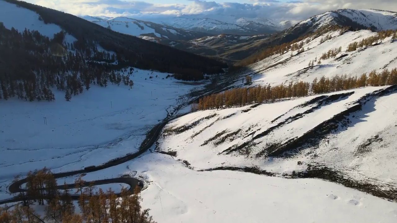 新疆阿勒泰布尔津县喀纳斯景区雪后航拍视频素材