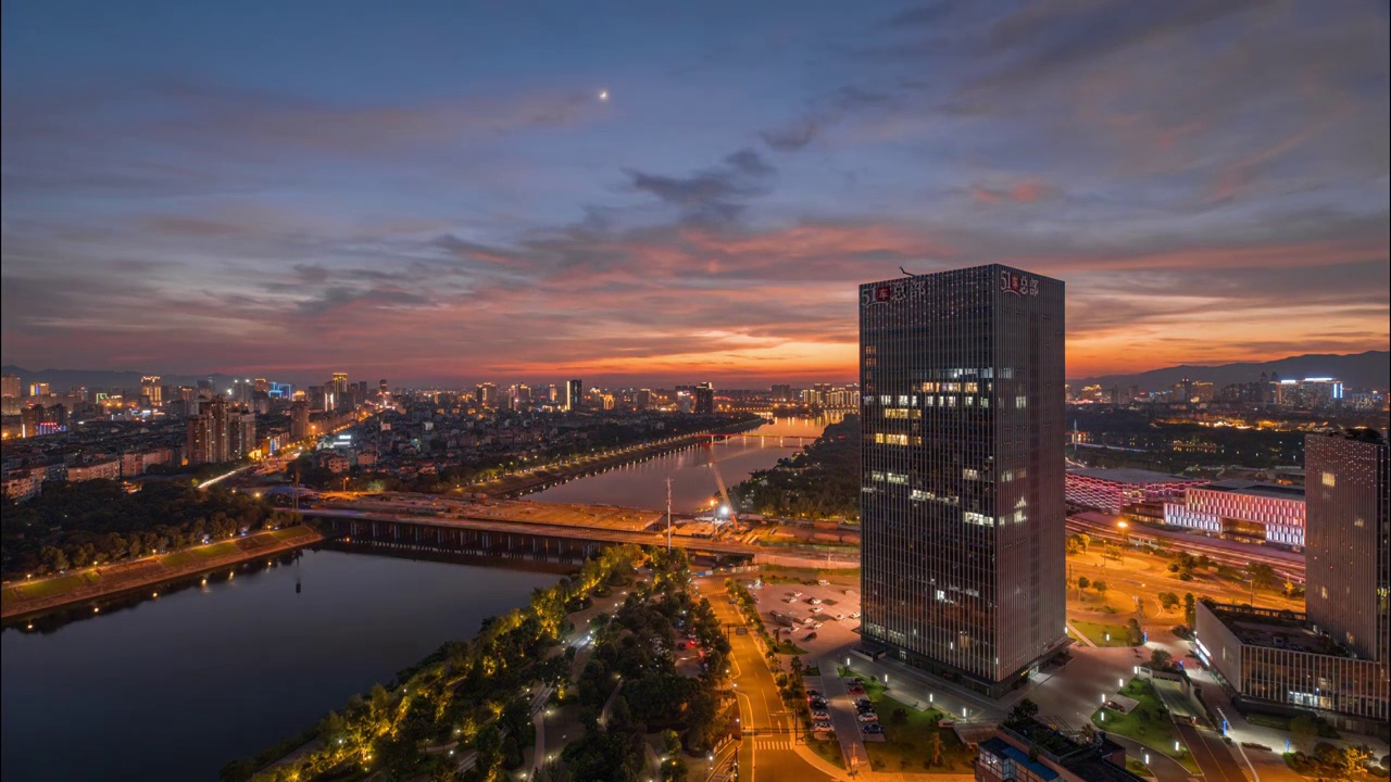 金华多湖cbd日落火烧云城市夜景延时摄影视频素材